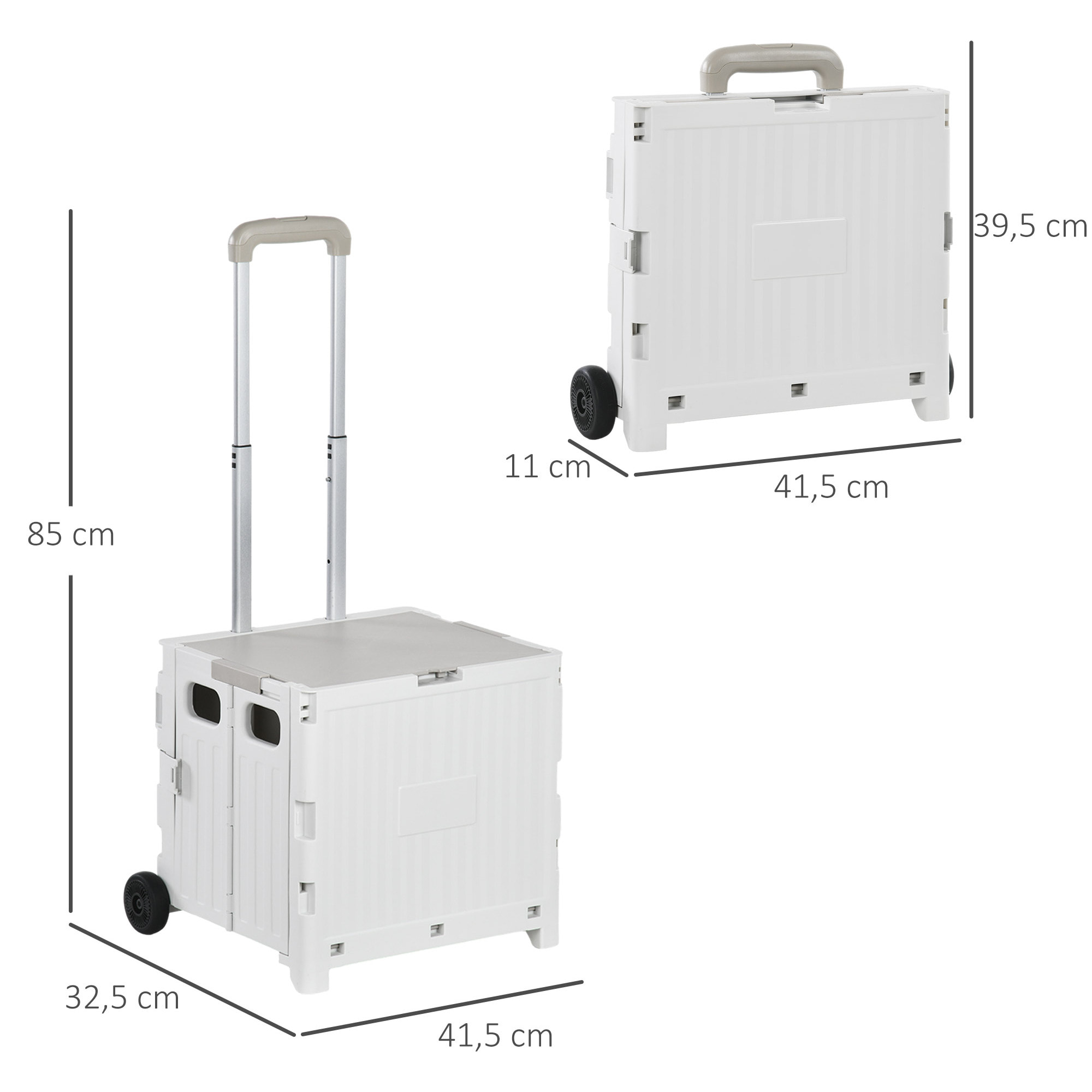 Carrito de la Compra Plegable Carrito para Supermercado con 2 Ruedas Longitud de Mango Ajustable Capacidad 32 Litros para Oficina Escuela Hogar 41,5x32,5x85 cm Blanco