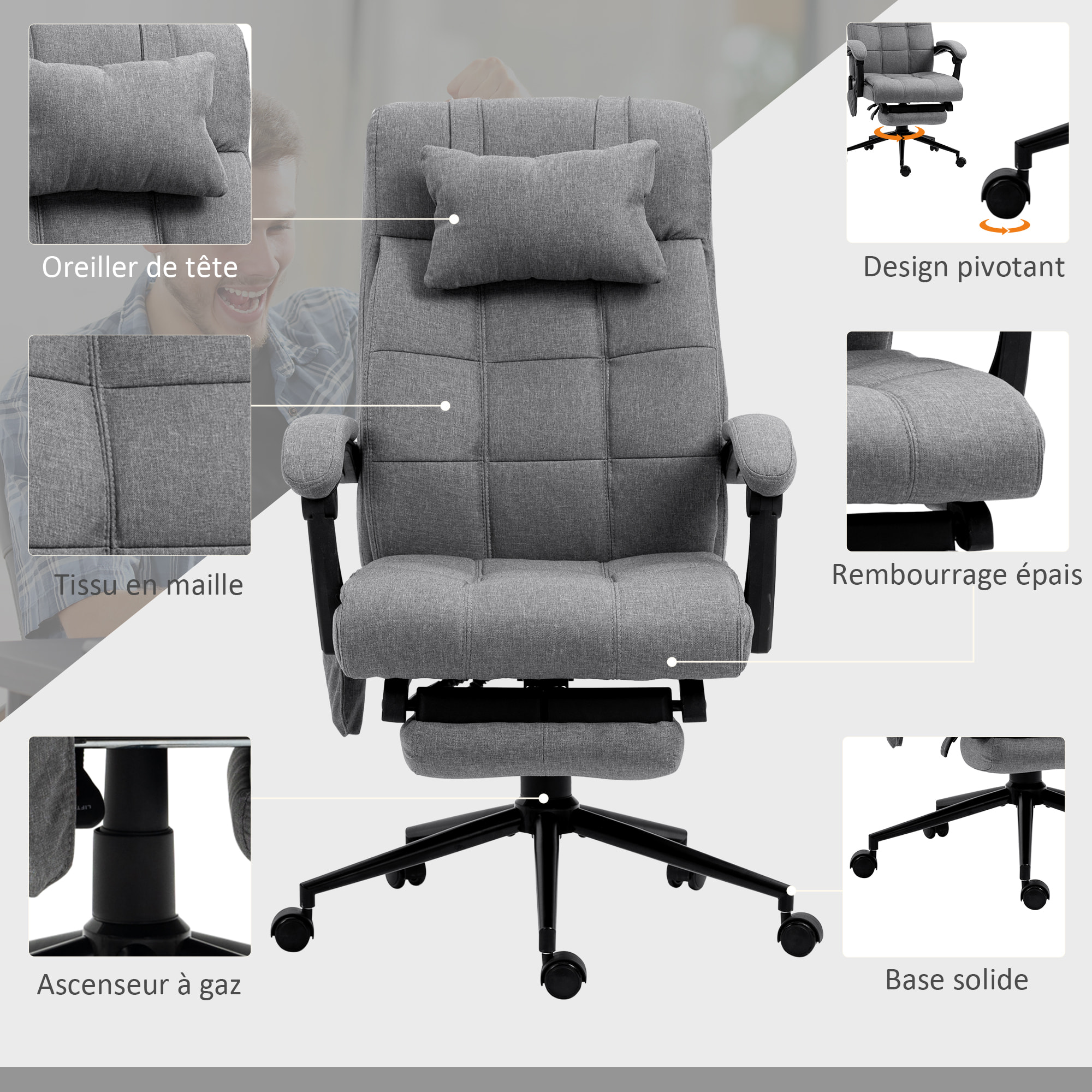 Chaise de bureau ergonomique design - fonctions massante et chauffante - inclinable, réglable - repose-pied - tissu gris