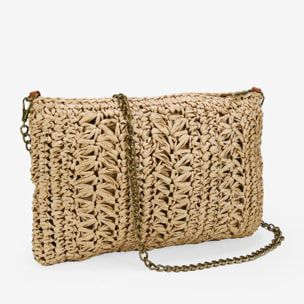 Bolso de rafia marrón claro con asa de cadena