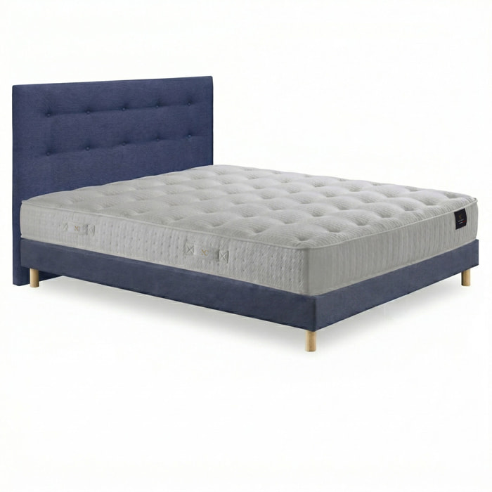 Ensemble matelas ressorts ensachés HÉCATE 2, H26 cm, sommier et tête de lit bleu