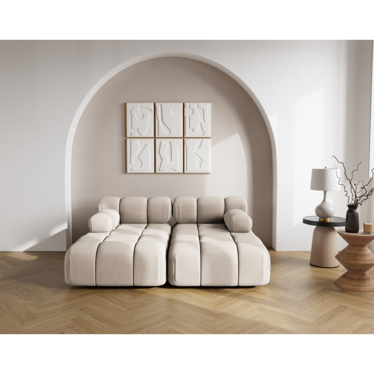 Ruby - canapé droit 4 places avec double méridienne - assise profonde - en velours texturé - Beige