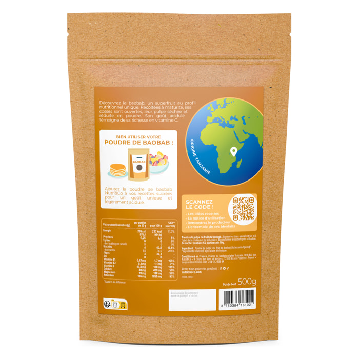 Nutri&Co Poudre de Baobab - Riche en antioxydants - 500g Vegan
