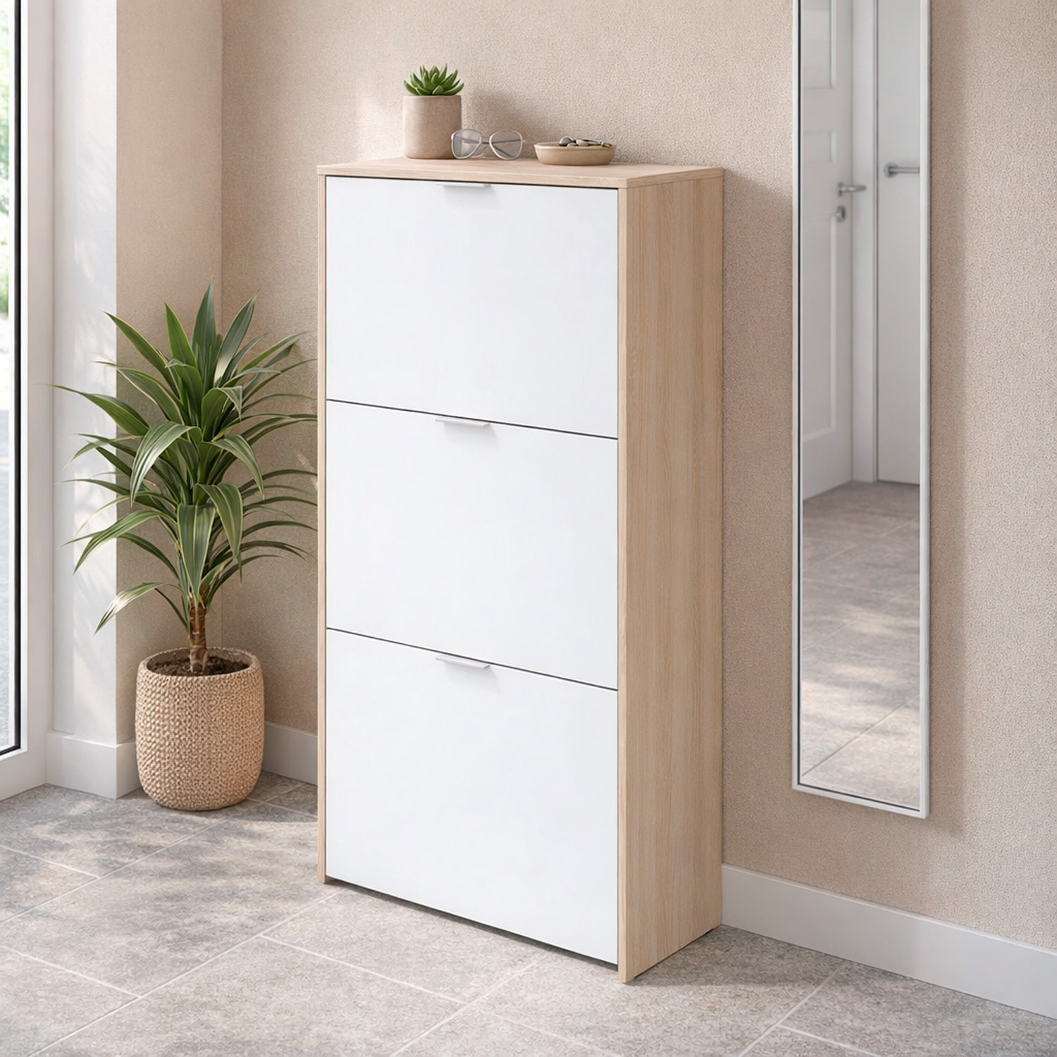 Mobile Portascarpe Salvaspazio Con 3 Ante A Ribalta Capacità Fino A 18 Paia Scarpiera Design Moderno 113 x 60 x 22 Cm Rovere E Bianco Lucido