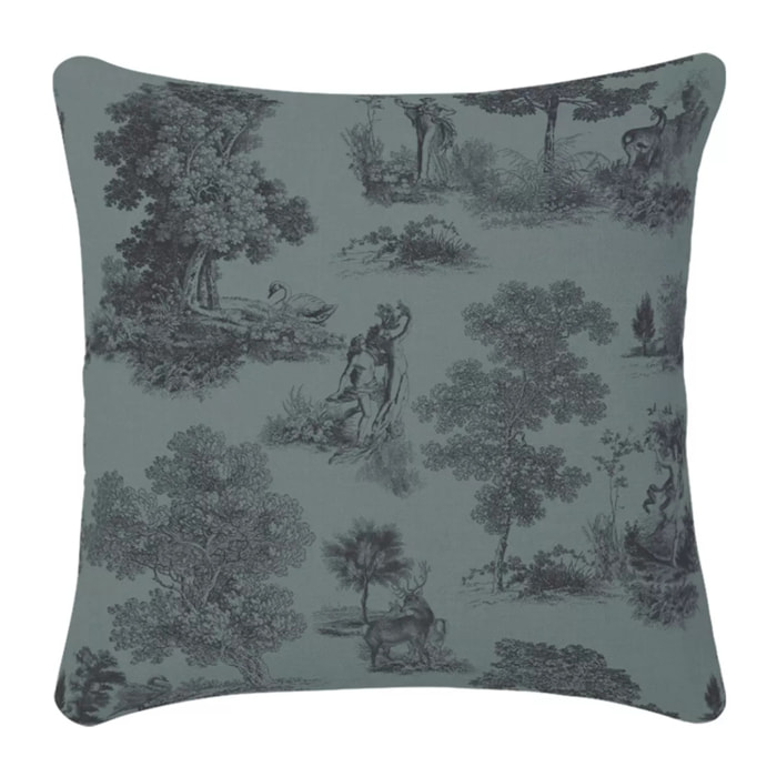 Housse de coussin lin & coton 165 g/m² imprimé bleu Poesie topaze