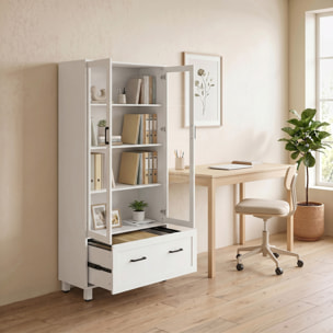 Archivador Vertical con Puertas de Cristal y Cajón, Armario de Oficina con 3 Estantes y Barras Ajustables para Archivos Tamaño A4, Carta y Legal, para Estudio, Salón, 75x40x141 cm, Blanco