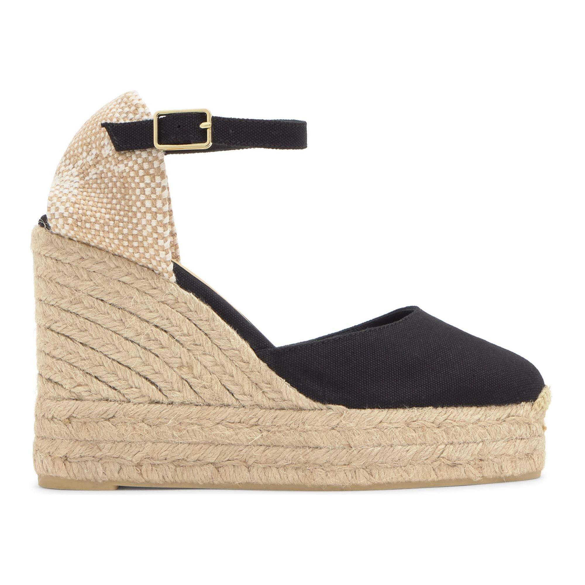 Alpargata de cuña 8 cm en lona de algodón con talonera trenzada y pulsera al tobillo