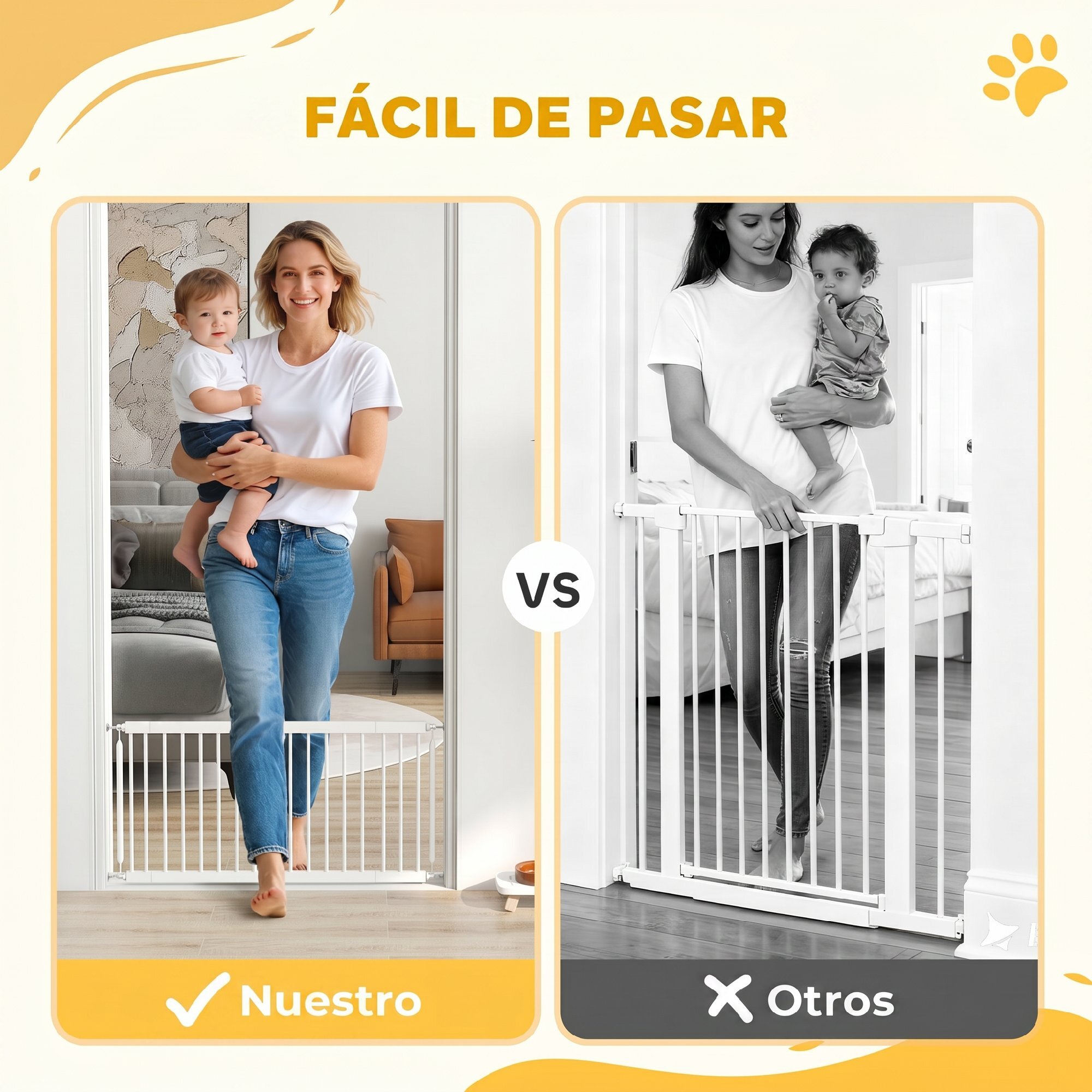 Barrera de Seguridad para Perros Pequeños Extensible 67-93,5 cm, Altura 45 cm, para Puertas y Escaleras, Puerta para Perros con Montaje a Presión, 2 Extensiones 7/14 cm, Blanco