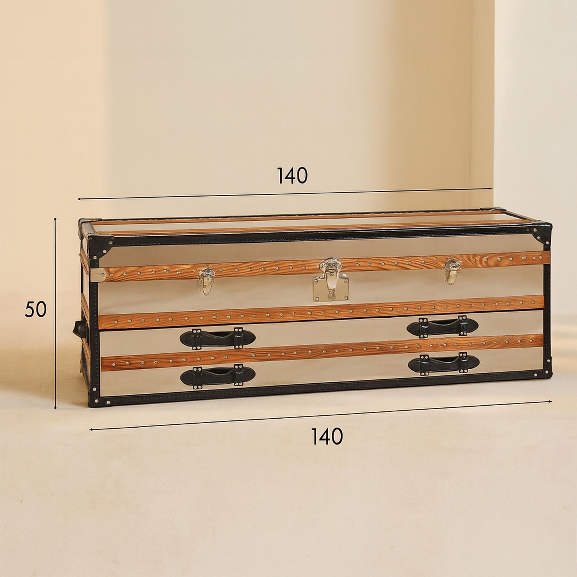 Commode basse 1 coffre 2 tiroirs en acier inoxydable et cuir ILIADE