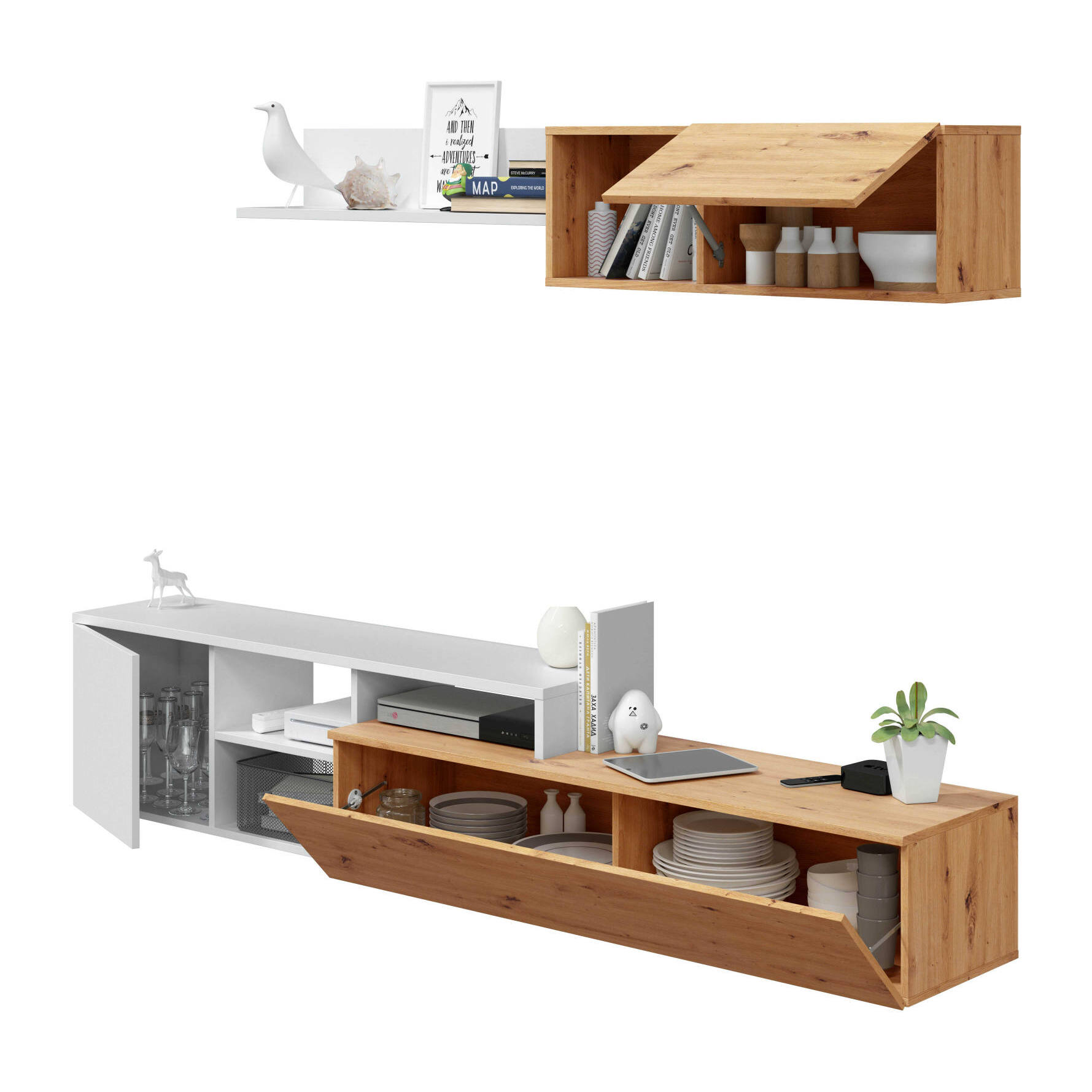 Parete attrezzata Aligator, Mobile da soggiorno porta TV reversibile, Composizione per salotto con pensile e mensola, 220x40h44 cm, Rovere effetto nodi e Bianco