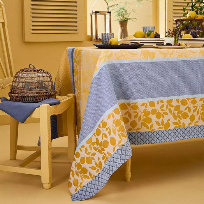 Nappe pur coton 220 g/m² motif jacquard bleu jaune Mille citrons provence