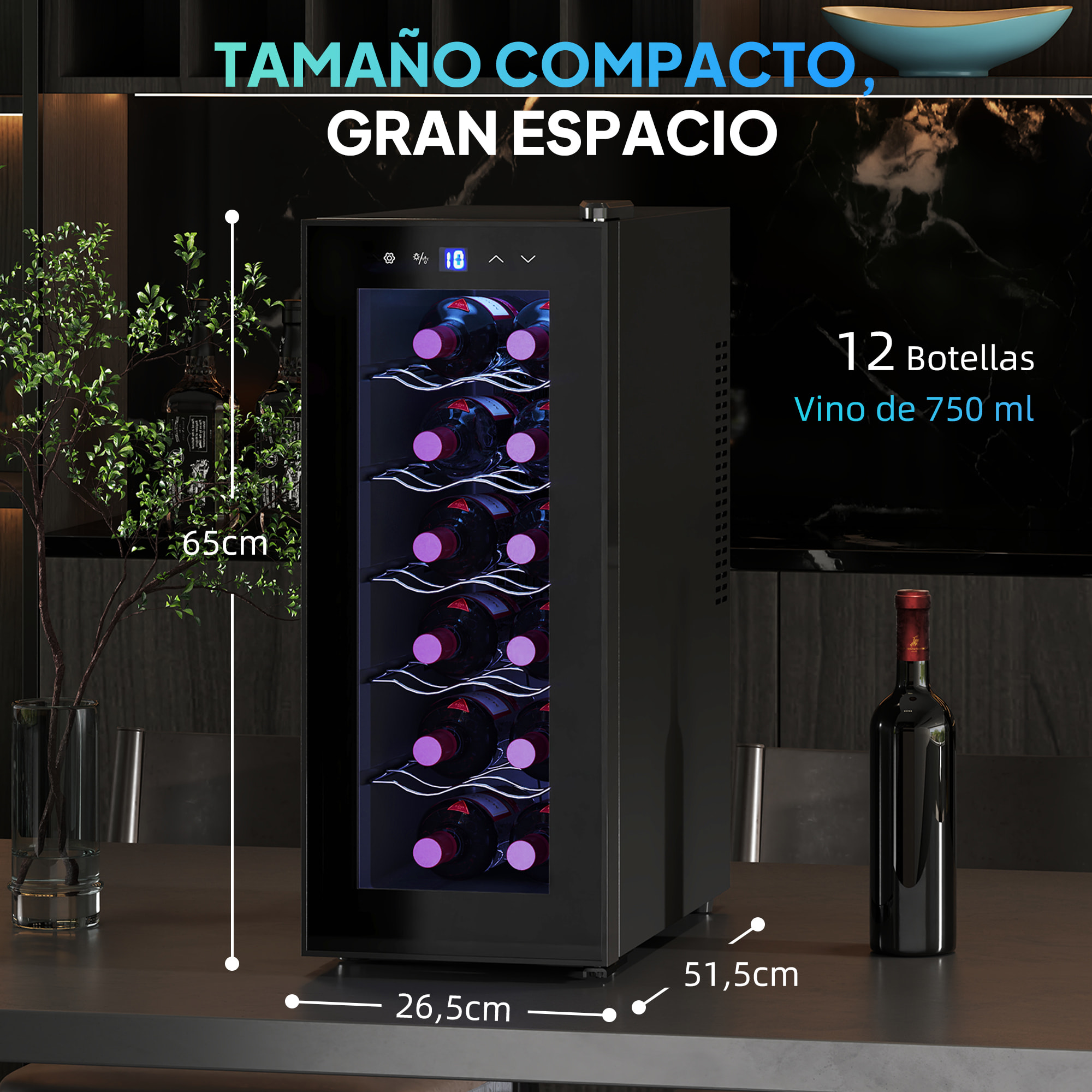 Vinoteca 12 Botellas, Nevera para Vinos con Doble Refrigeración Termoeléctrica, Temperatura Ajustable 8-18℃, Puerta de Vidrio, Anti-UV, Pantalla LED, Luz Interior, Negro