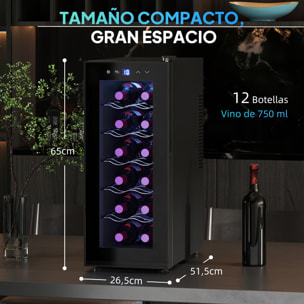 Vinoteca 12 Botellas, Nevera para Vinos con Doble Refrigeración Termoeléctrica, Temperatura Ajustable 8-18℃, Puerta de Vidrio, Anti-UV, Pantalla LED, Luz Interior, Negro