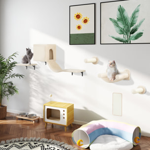 Juego de Pared de Escalada para Gatos de 6 Piezas Estanterías para Gatos con Condominio Plataforma Hamaca Escaleras Percha Tabla Rascador Poste de Sisal Bola de Juguete Beige