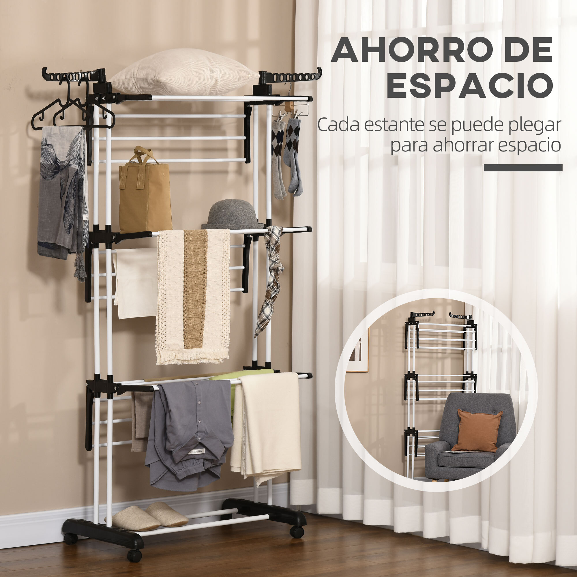 HOMCOM Tendedero Plegable para Ropa con Ruedas Tendedero Vertical de Acero Tipo Torre de 3 Niveles con Alas Plegables y Colgadores Giratorios Carga 70 kg 73x64x177 cm Negro y Blanco