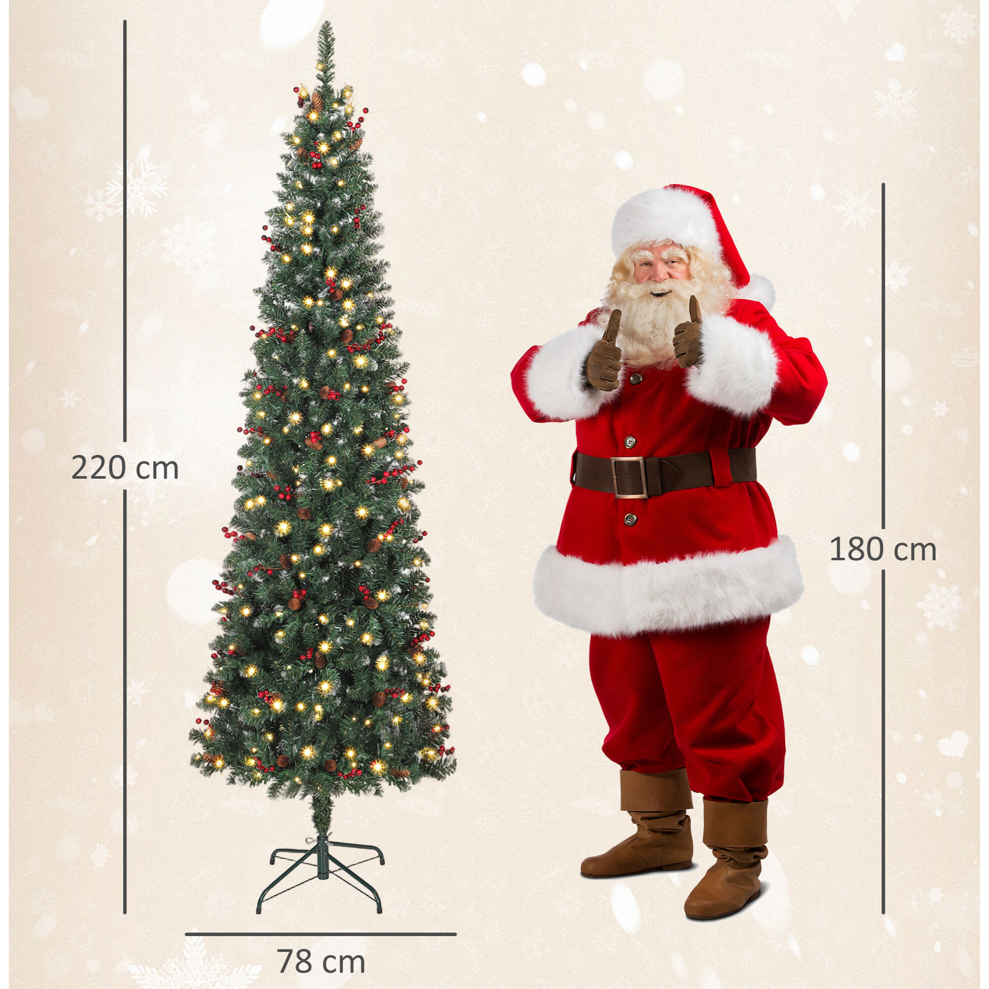 Árbol de Navidad Estrecho 230 cm, Árbol de Navidad Artificial con Luces LED Blanca Cálida, 8 Modos de Iluminación, 761 Ramas con Purpurina Plateada, Piñas, Bayas y Soporte Metálico, Verde