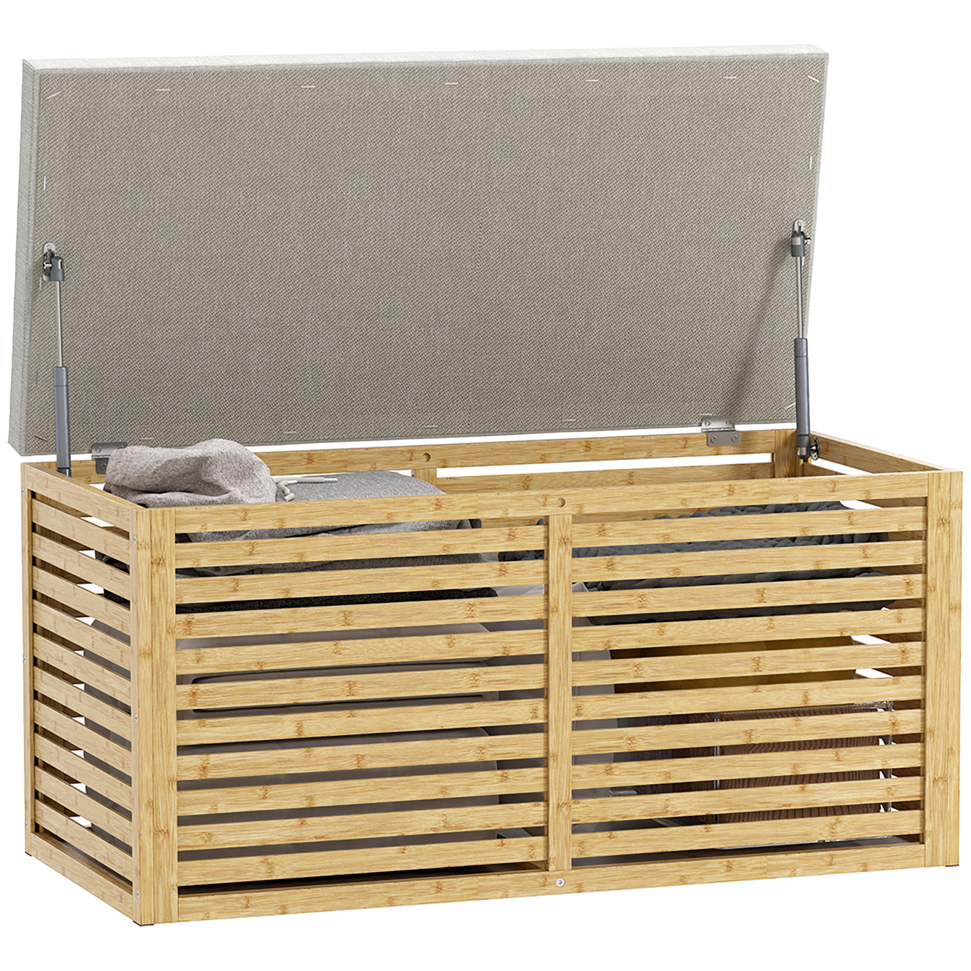 Baúl de Almacenaje para Dormitorio 122L Taburete de Almacenaje Tapizado en Lino Sintético con Cojín Marco de Bambú para Entrada Salón 90x42x43 cm Gris y Natural