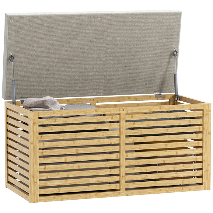 Baúl de Almacenaje para Dormitorio 122L Taburete de Almacenaje Tapizado en Lino Sintético con Cojín Marco de Bambú para Entrada Salón 90x42x43 cm Gris y Natural