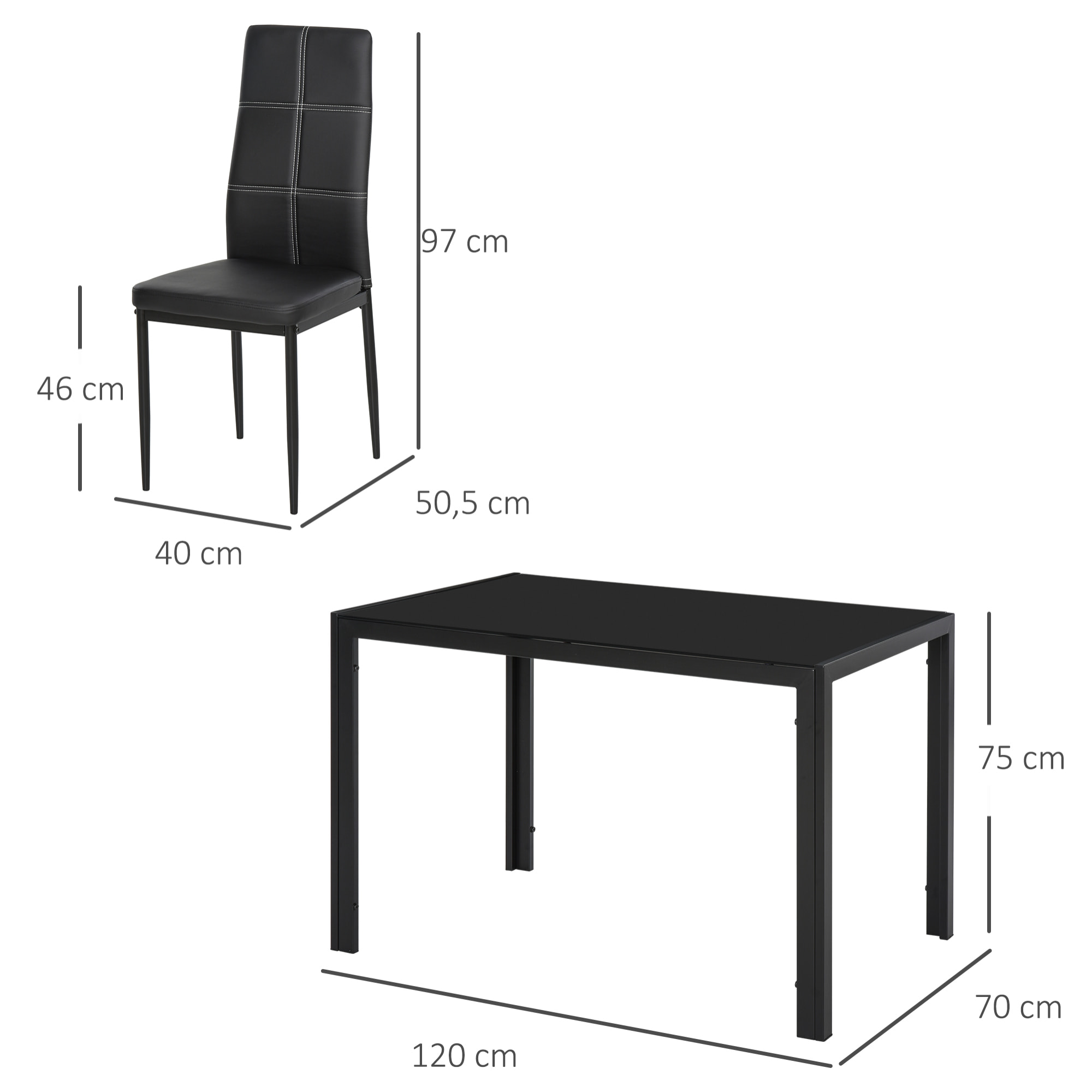 Conjunto de Comedor de Mesa y 4 Sillas 5 Piezas Juego de Muebles de Cocina Mesa Rectangular de Vidrio Templado y Sillas Tapizadas en PU con Patas de Metal Negro