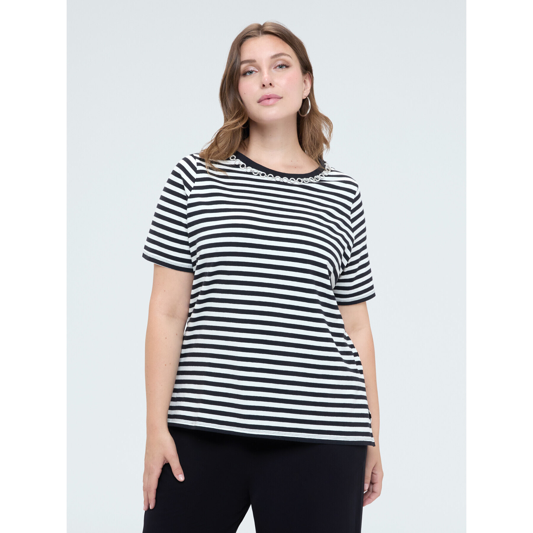 Fiorella Rubino - Camiseta de algodón a rayas con aplicaciones - Negro