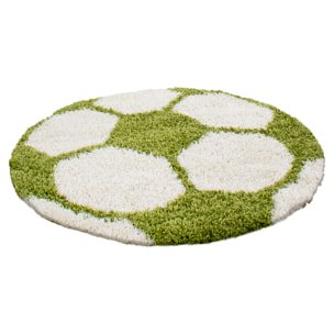 FUN - Tapis enfant shaggy rond à poils long motif ballon de foot vert