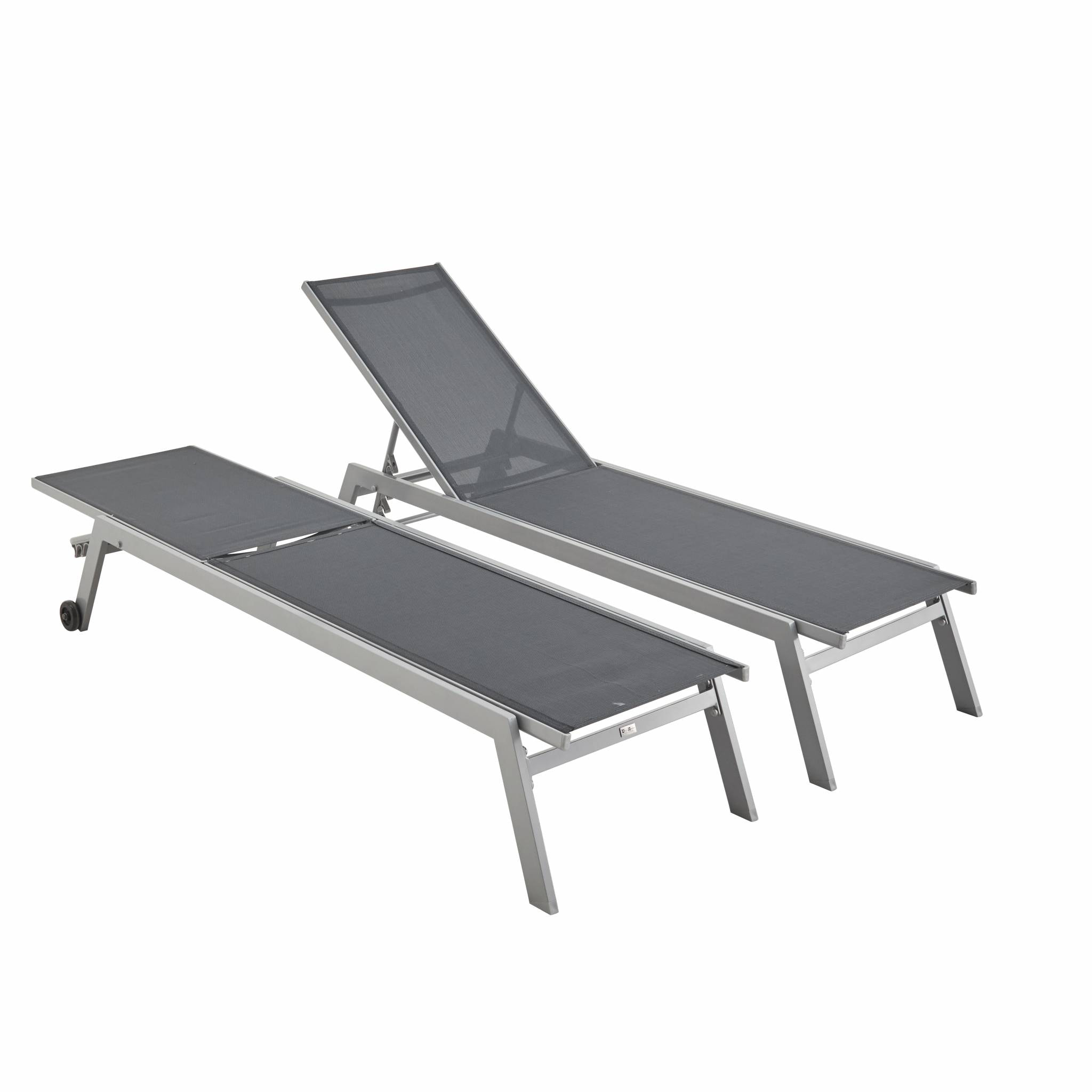 Lot de 2 bains de soleil ELSA en aluminium gris et textilène gris foncé. transats multi positions avec roulettes
