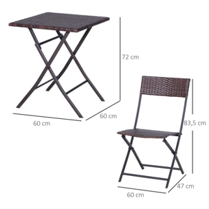 Ensemble meubles de jardin design table carré et chaises pliables résine tressée imitation rotin marron