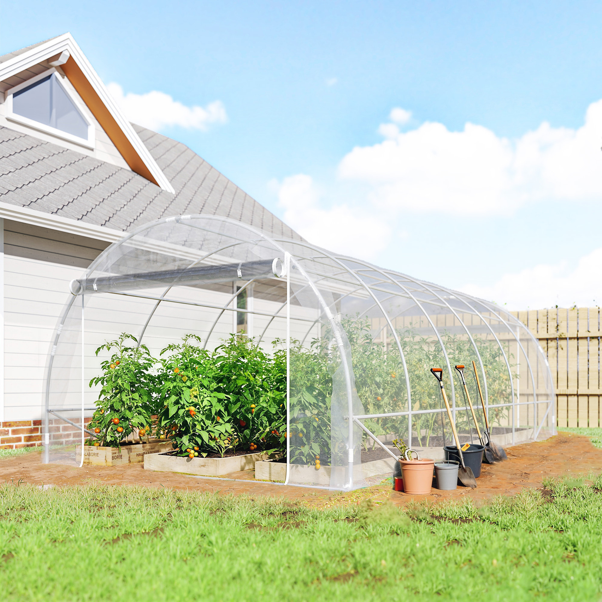 Serre tunnel de jardin 18 m² - 2 grandes portes enroulables - acier galvanisé bâche transparente