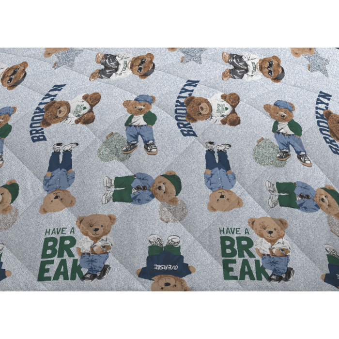 Trapunta Invernale 300gr Made in Italy Piumone Caldo Fantasia Orsetto Disegno Teddy Azzurro