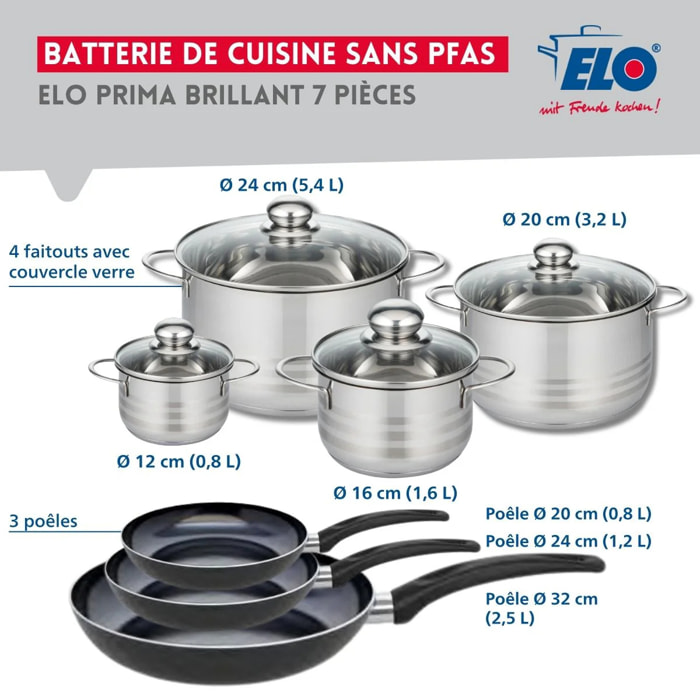 Ensemble de 3 Poêles de cuisson 20, 24 et 32 cm et 4 faitouts 12, 16, 20 et 24 cm Elo Prima Brillant
