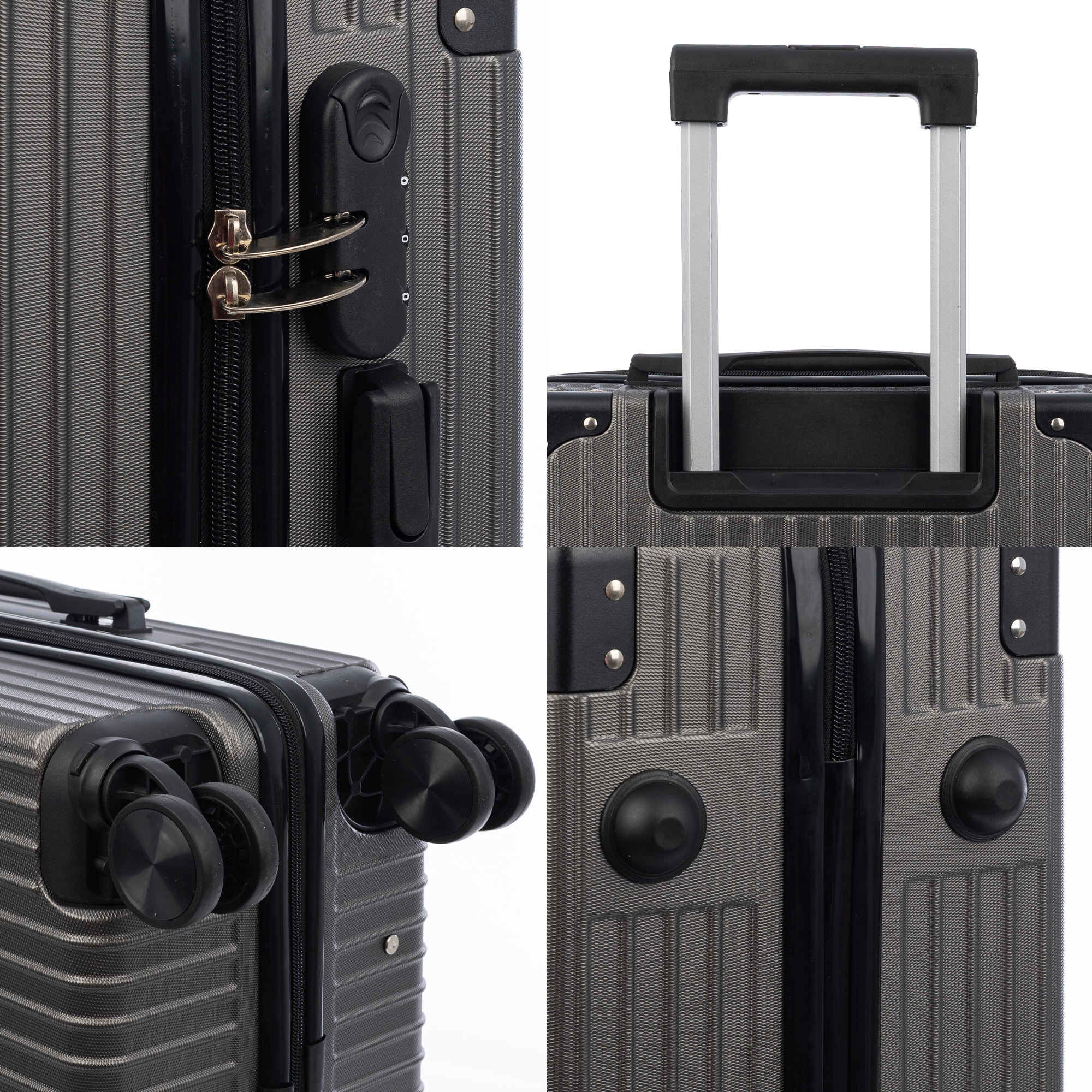 Juego de 3 maletas Trolley, en material ligero ABS de alta resistencia con esquinas reforzadas. Cerradura numérica y 4 ruedas dobles extraíbles y giratorias 360°.