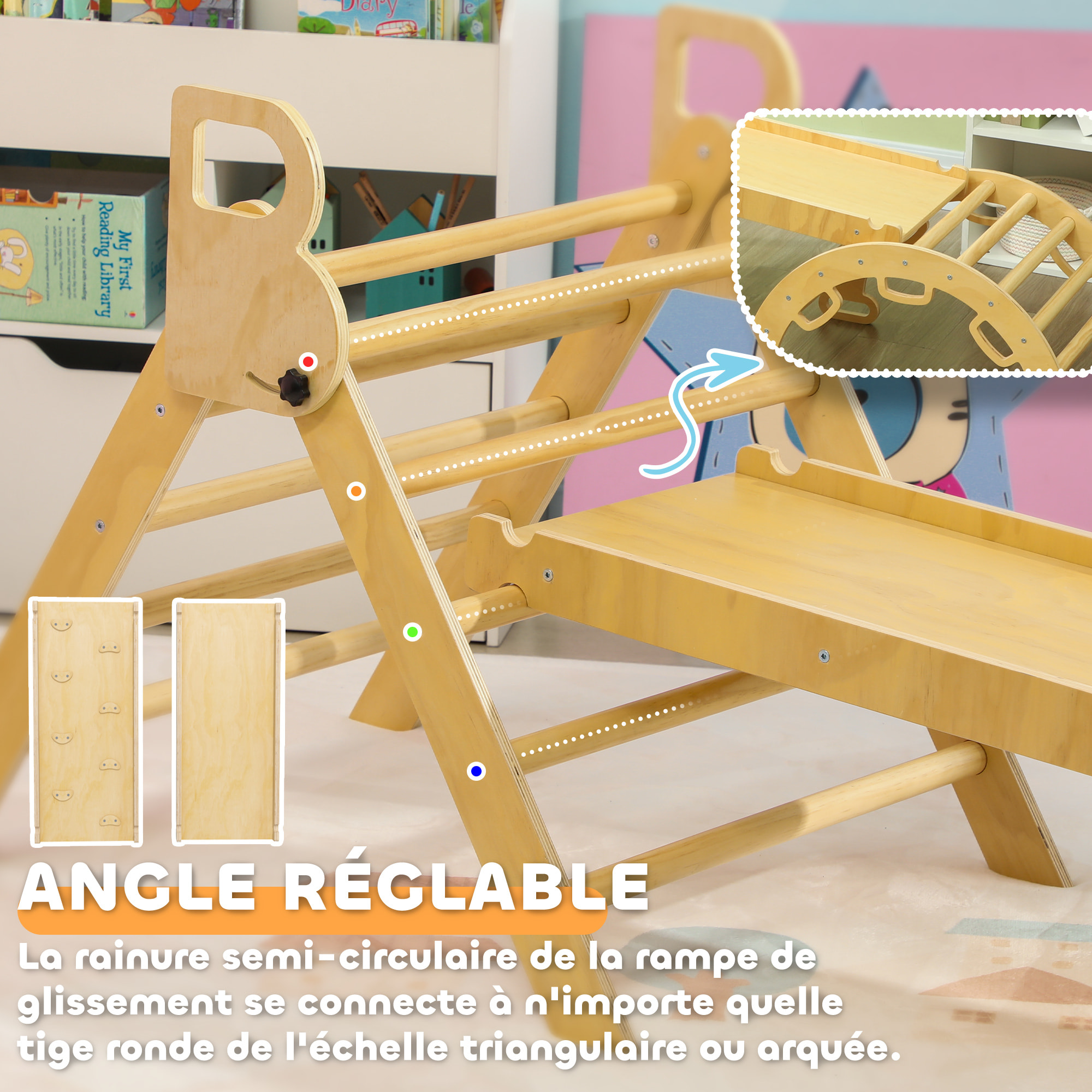 Ensemble d'escalade en bois 5 en 1 - triangle Pikler, arche, bascule, toboggan, rampe - panneaux bois pin