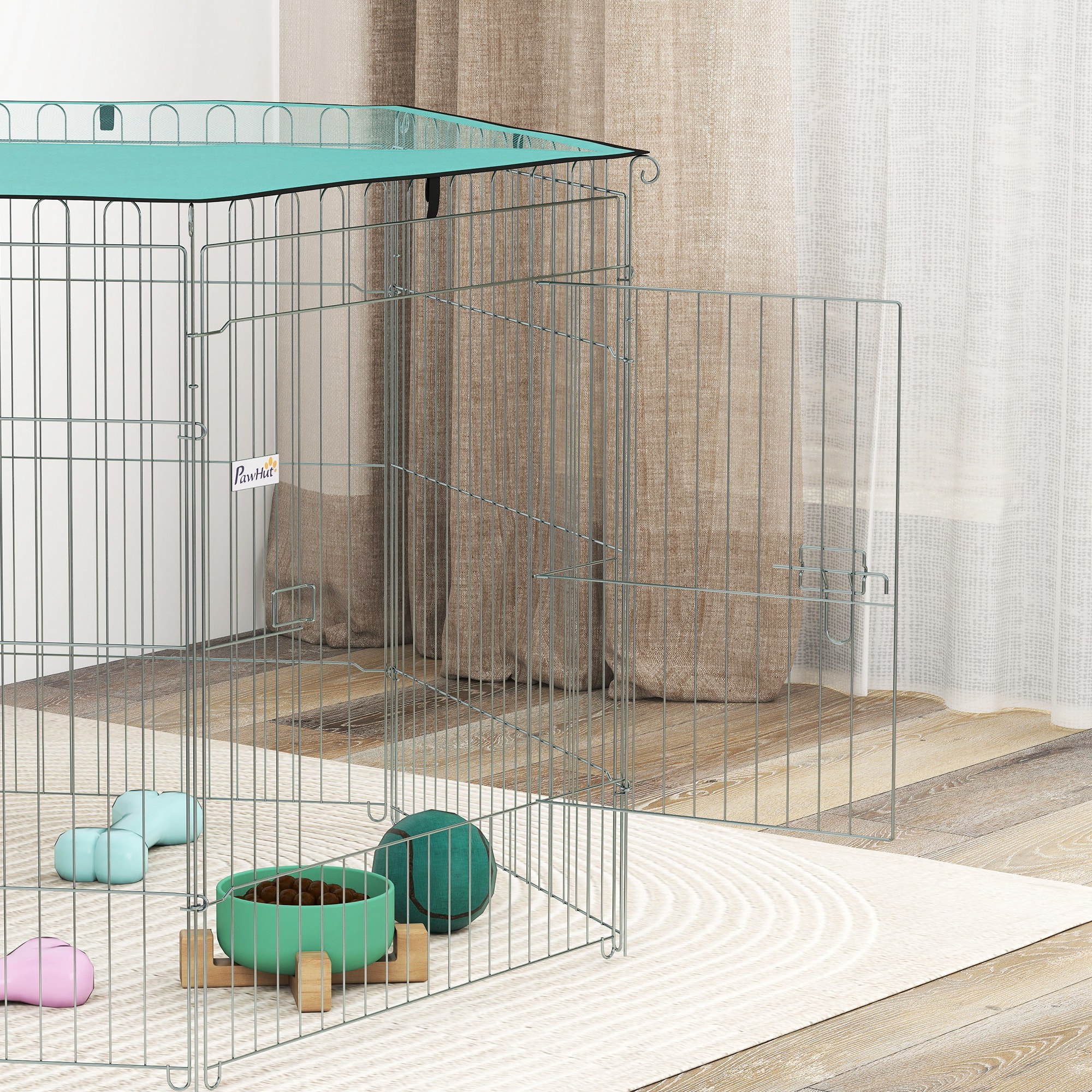 Parc pour chien  6 panneaux - avec toit, modulable et pliable - 76H cm - avec porte - intérieur et extérieur - argent vert