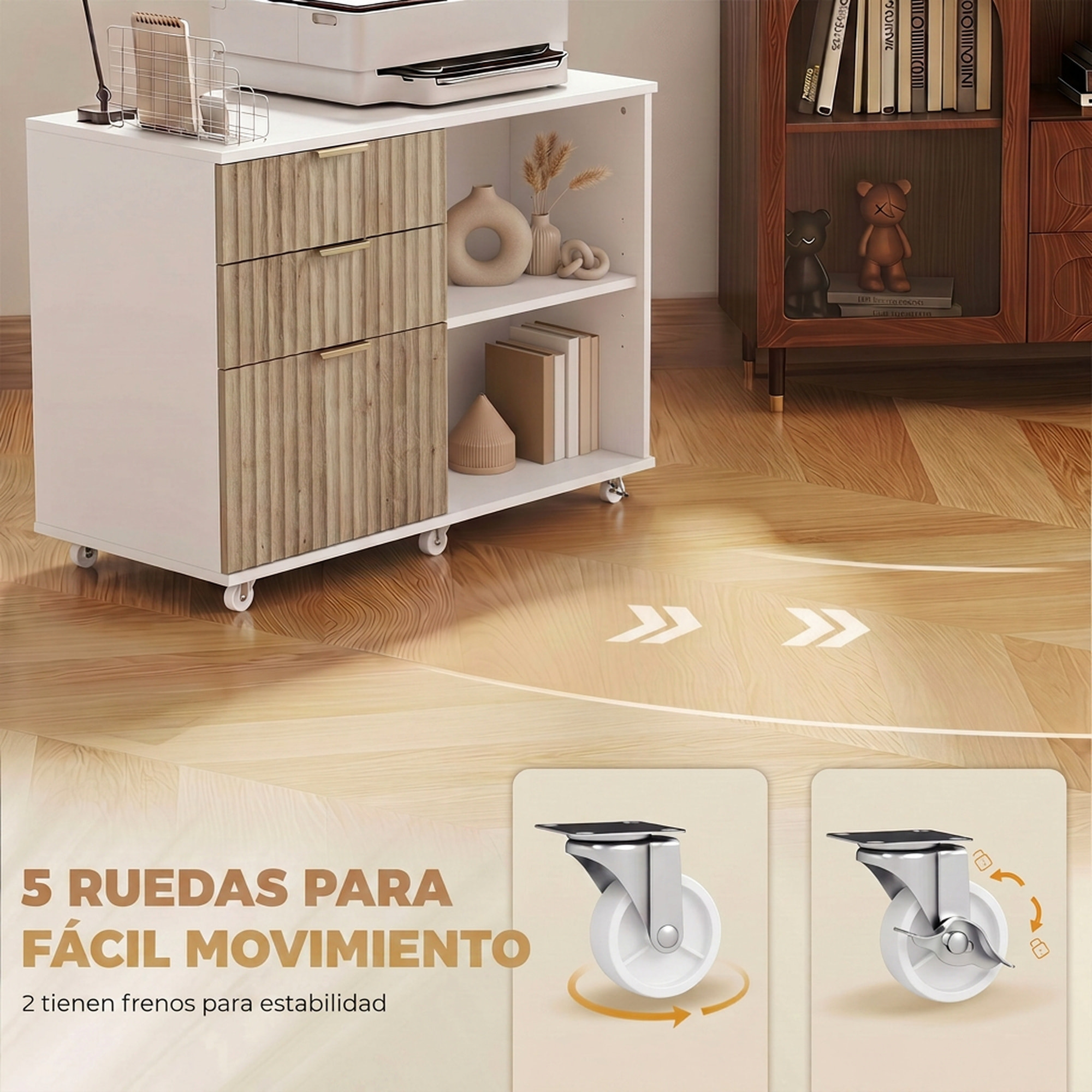 Mueble para Impresora con Ruedas, Mesa para Impresora con 3 Cajones, Barra Ajustable, 2 Estantes Abiertos para Documentos Tamaño A4, Carta, Archivador Móvil para Oficina en Casa, Blanco y Roble