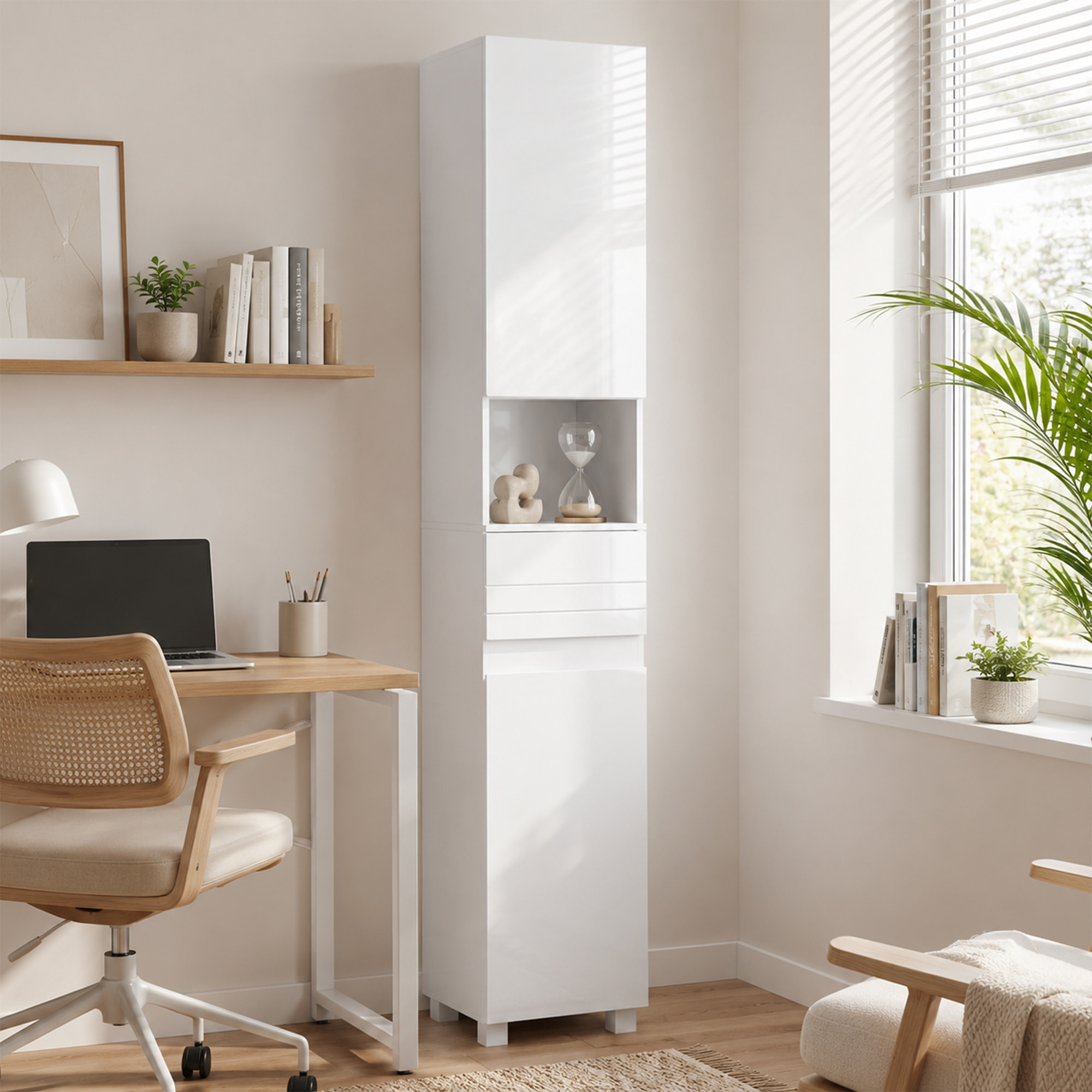 Armario Alto de Baño, Mueble de Baño Estrecho de Alto Brillo con Cajón, Compartimento Abierto y Estantes Ajustables, para Espacios Pequeños, 30x30x170 cm, Blanco