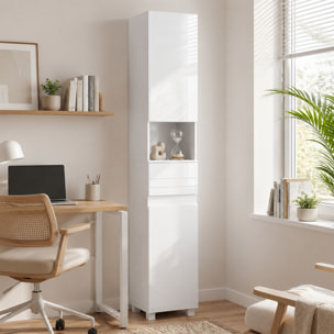 Armario Alto de Baño, Mueble de Baño Estrecho de Alto Brillo con Cajón, Compartimento Abierto y Estantes Ajustables, para Espacios Pequeños, 30x30x170 cm, Blanco