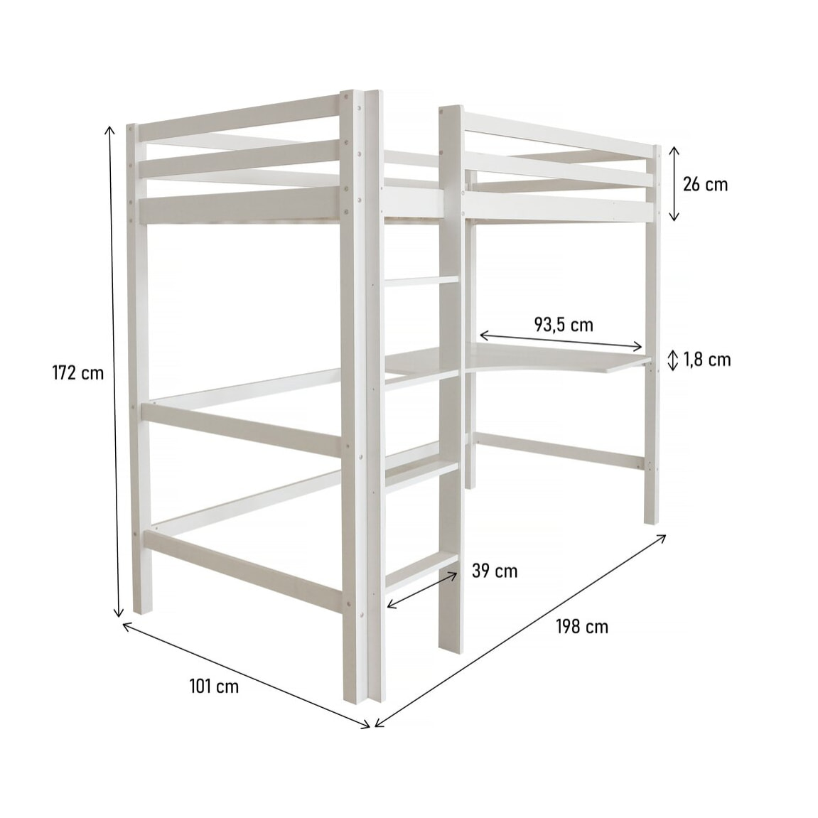 Lit Enfant Mezzanine avec Bureau "Angéla" 90 x 190 cm - Blanc