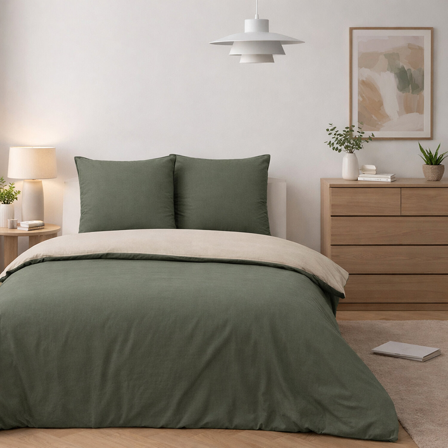 Parure housse de couette avec taie 100% coton lavé - Vicky Bicolore Gris Beige Kaki