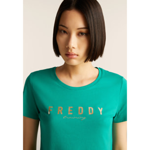 T-shirt in jersey con logo oro chiaro sul fronte