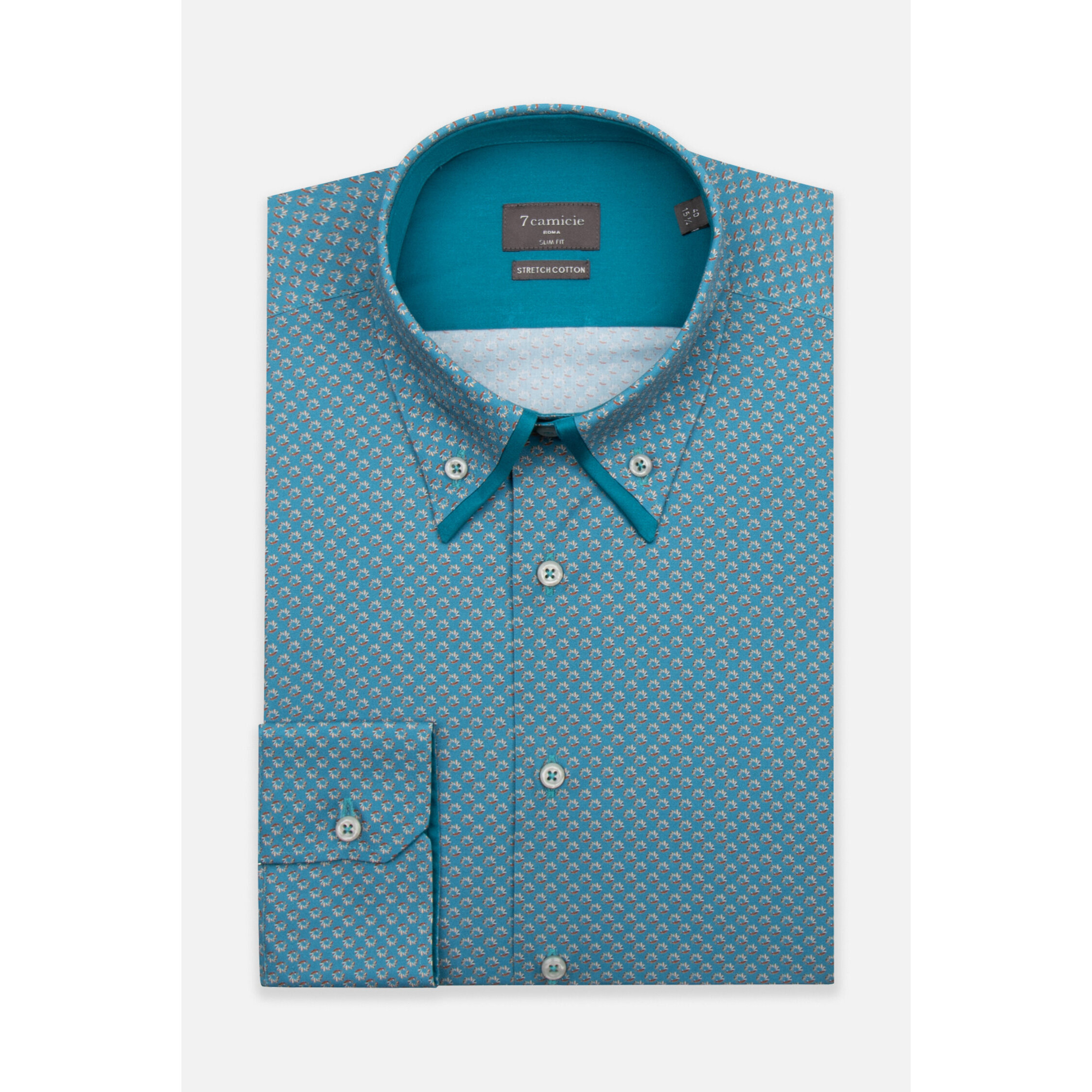 Camicia Uomo 2 Bottoni Button Down Doppio Coll Popeline Stretch Stampato Verede Ottanio/Arancio