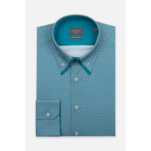 Camicia Uomo 2 Bottoni Button Down Doppio Coll Popeline Stretch Stampato Verede Ottanio/Arancio