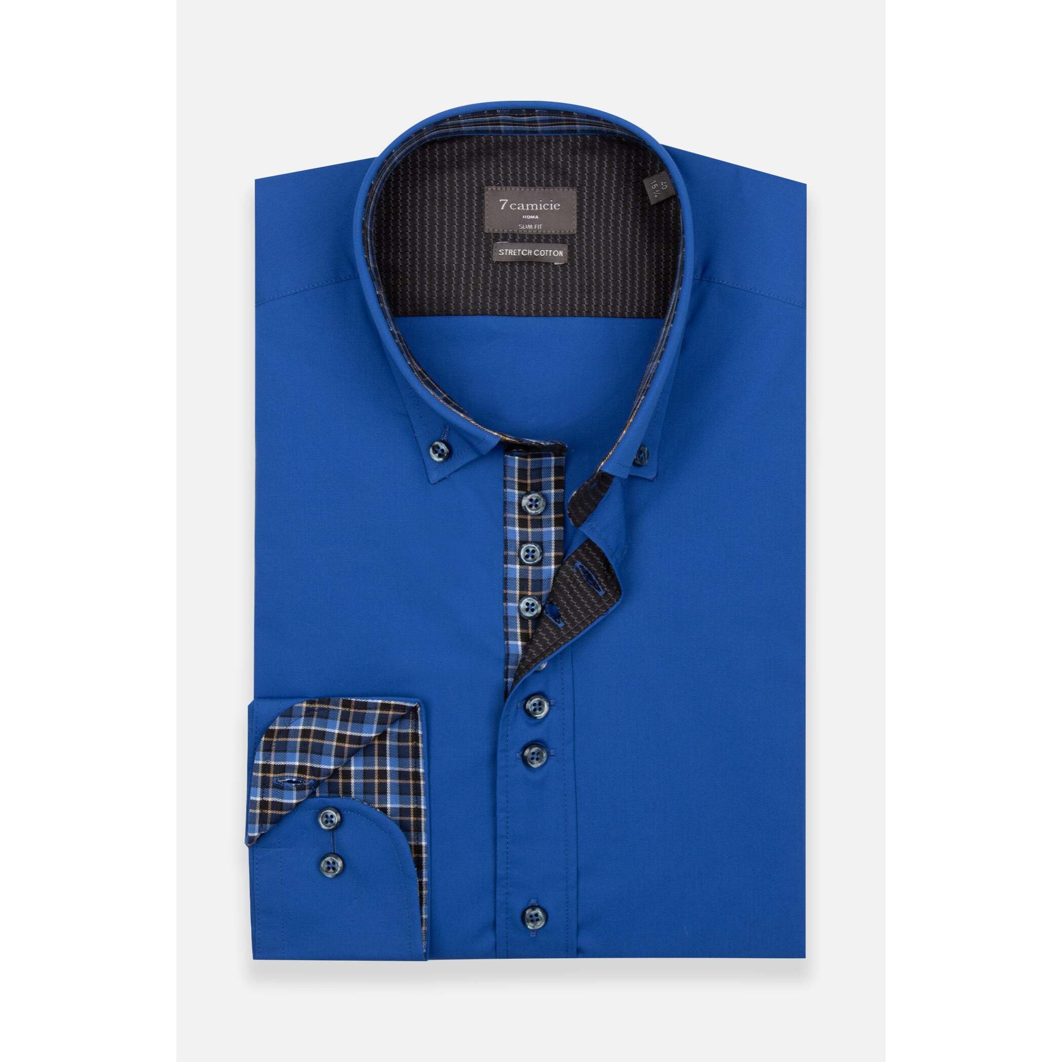 Camicia Uomo 1 Bottoni Button Down Slim Popeline Stretch Unito Bluette