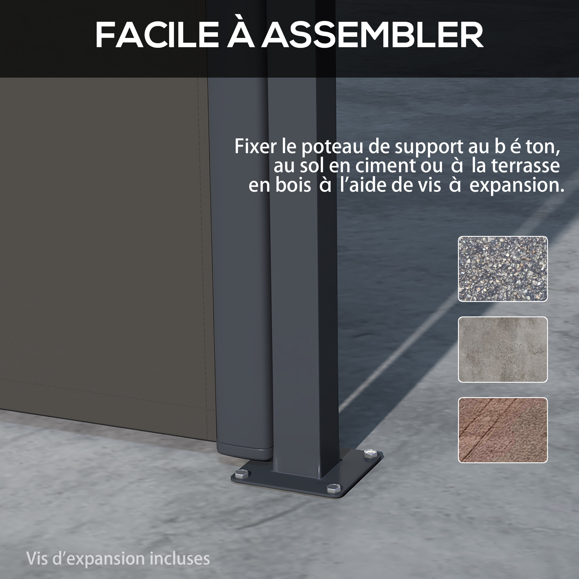 Store latéral brise-vue paravent rétractable de jardin dim. 4L x 1,60H m alu. polyester haute densité 180 g/m² gris foncé
