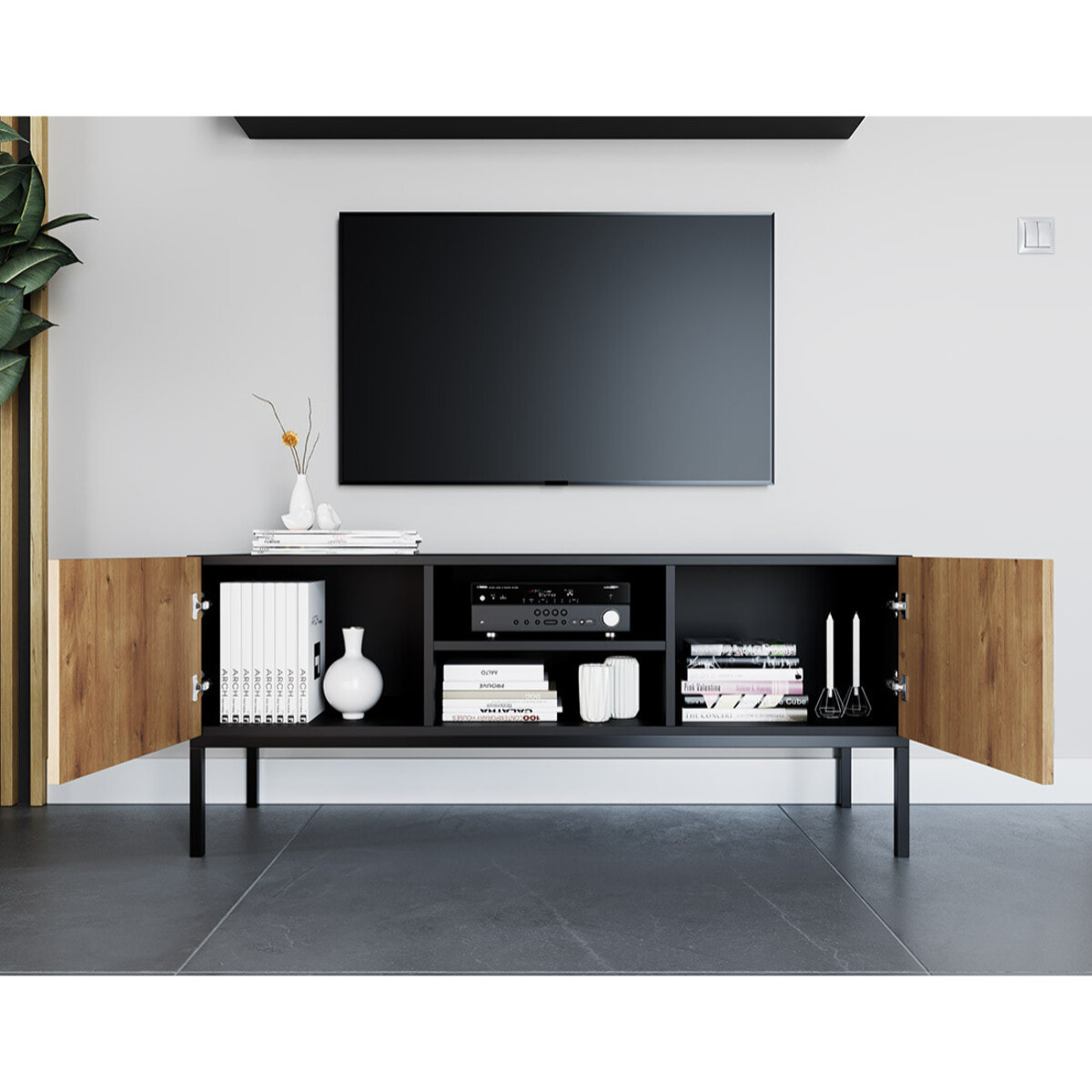 Felicia - meuble tv - effet bois et noir - 2 portes et 2 niches - 120 cm - Bois / Noir