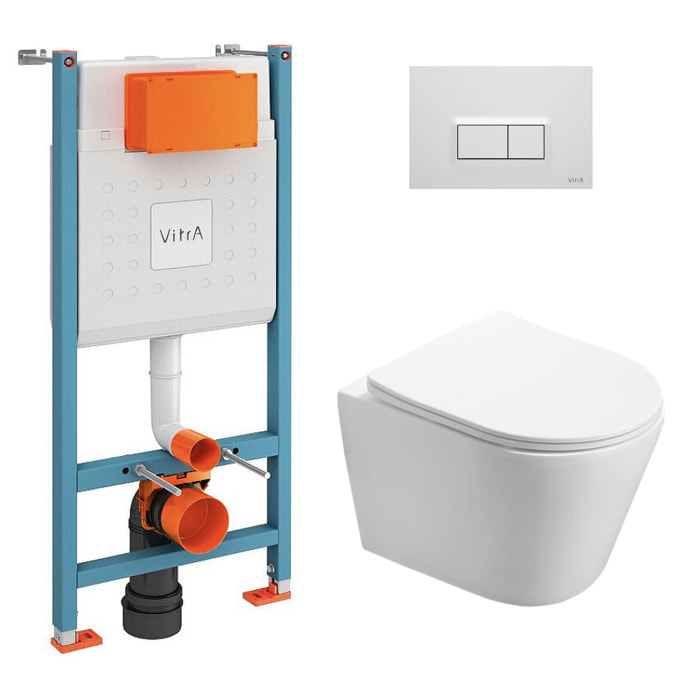 Pack WC Bâti-support Vitra V-Fix Core + WC Swiss Aqua Technologies Infinitio sans bride + Plaque, Blanc brillant