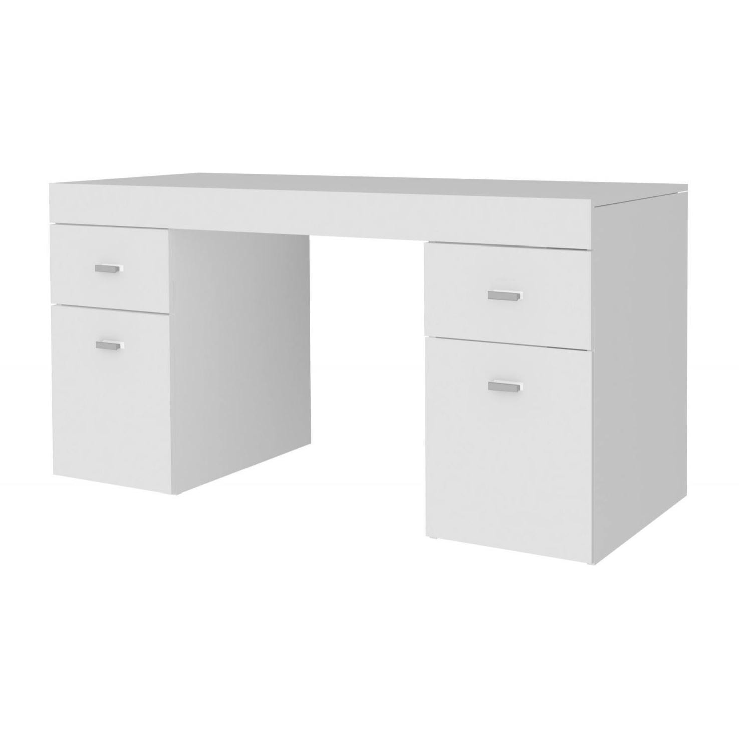 Scrivania per ufficio con cassettiera e piano contenitore, Made in Italy, Tavolo minimal, Scrittoio porta PC, cm 130x60h75, colore Bianco lucido