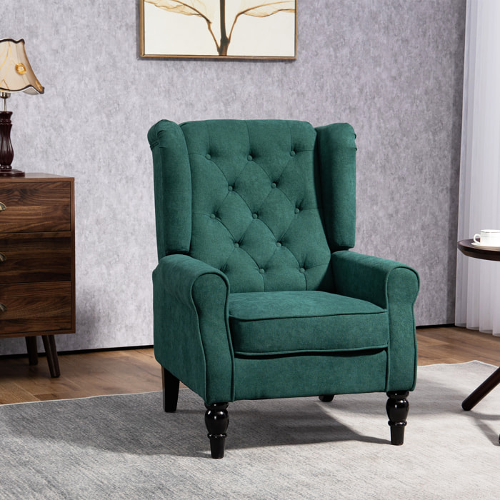 Fauteuil à oreilles style Chesterfield dossier capitonné grand confort bois noir tissu vert