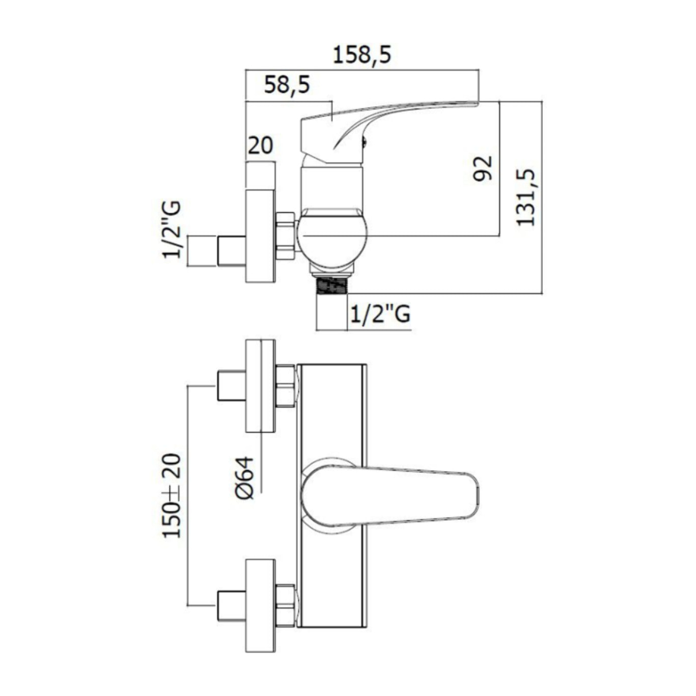 Project mitigeur de douche mural à levier 150 mm, sans set de douche, noir mat (SATBSPRO268C)