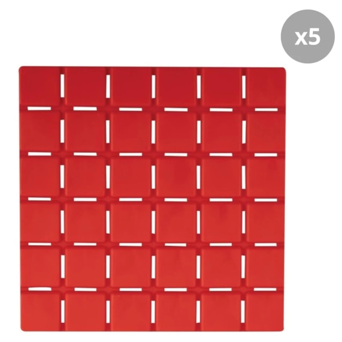 Lot de 5 Tapis antidérapants de douche ou baignoire Caoutchouc QUADRO 13x13cm Rouge MSV
