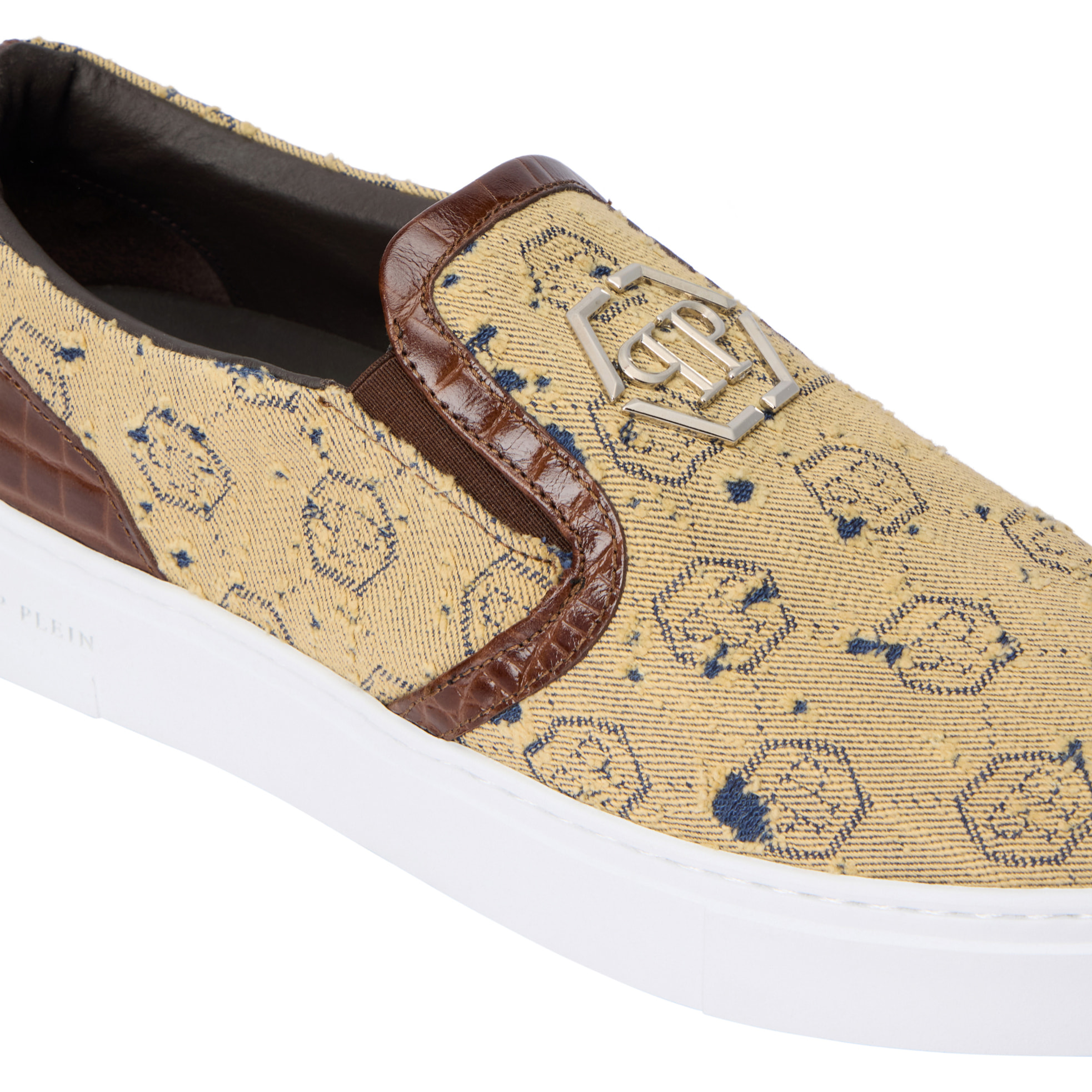 PHILIPP PLEIN Slip On Sneakers Denim Jacquard Monogram
