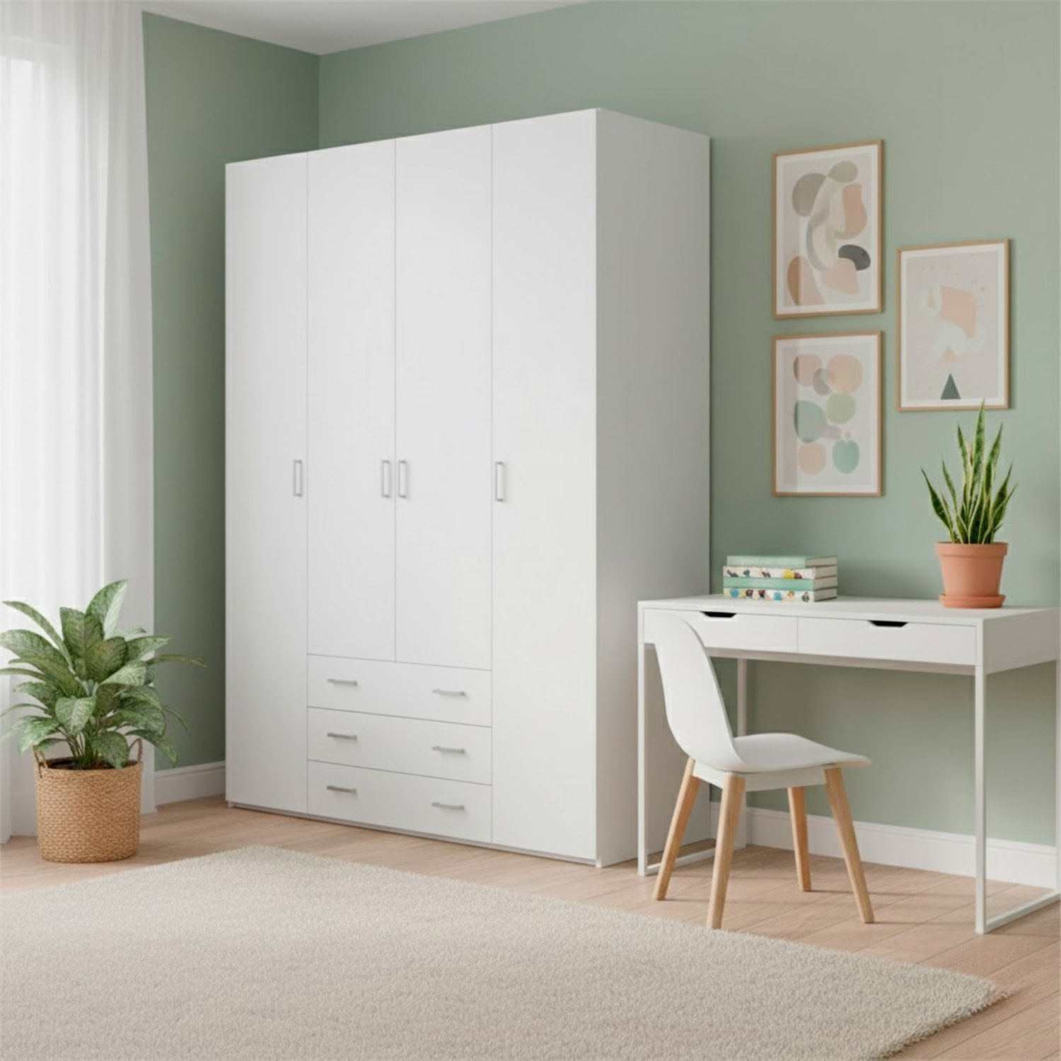 Armadio Guardaroba Con 4 Ante E 3 Cassetti Design Moderno Ampio Vano Con Barra Appendiabiti e Ripiani Salvaspazio Abiti 154 x 49.5 x 200.4 Cm Bianco